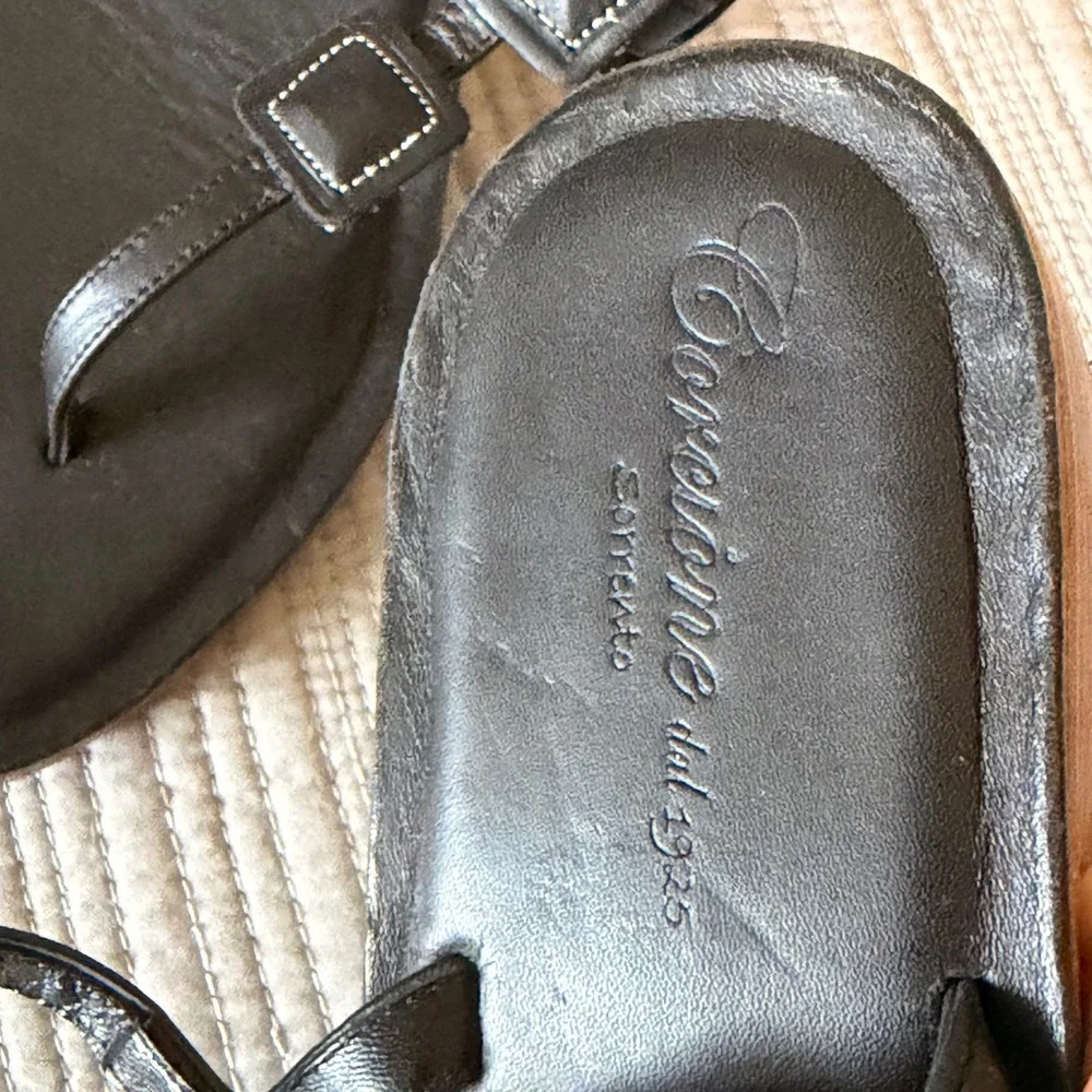 NEW Corcione dal 1925 Women Black Leather TStrap Slingback Sandals Italy Size 39